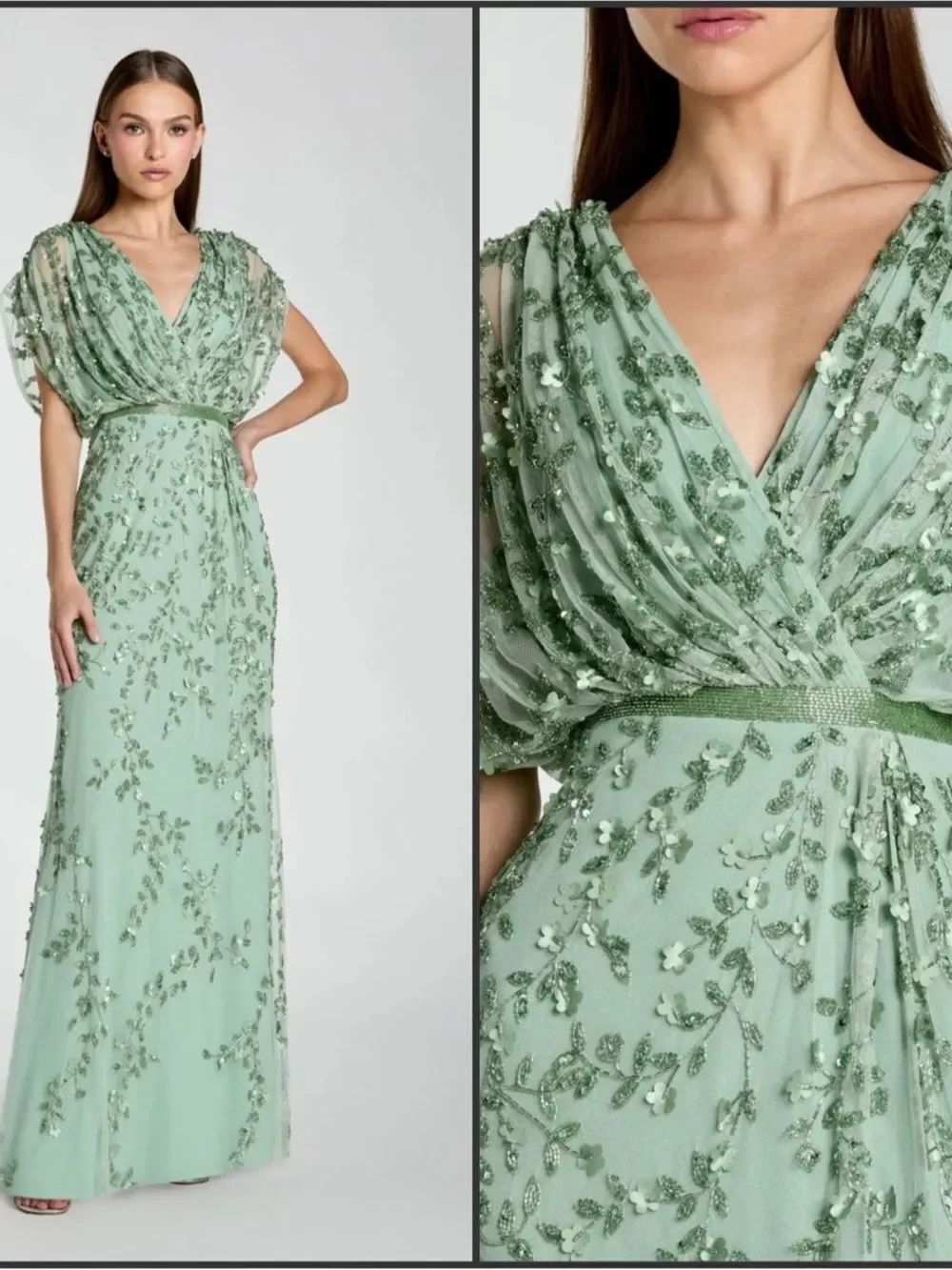Mac Duggal 23067 Green Beaded V-Neck Short Sleeve Blouson Gown Size 8